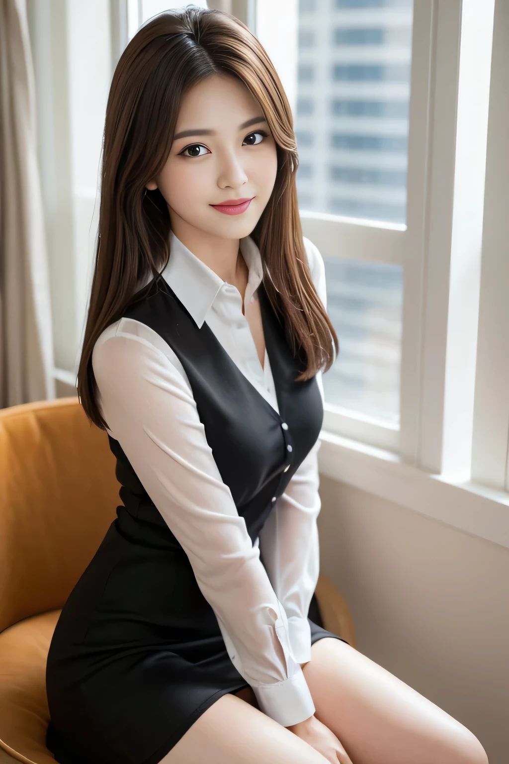 (RAW Photos), (Realistic), (masterpiece), (highest quality), High resolution, 8k, (Intricate details), (Volumetric Light), Portraiture, woman, Age 35, Medium Hair, Straight hair, Medium Chest, Layered Hair, Brown Hair, Very beautiful eyes, Source order, Very thin eyebrows, Very fine skin, Very beautiful mouth, Very nice nose, Cute like an idol, smile, (Thick lips), (Looking at the audience), (See-through black collared dress shirt), Above the knee shot