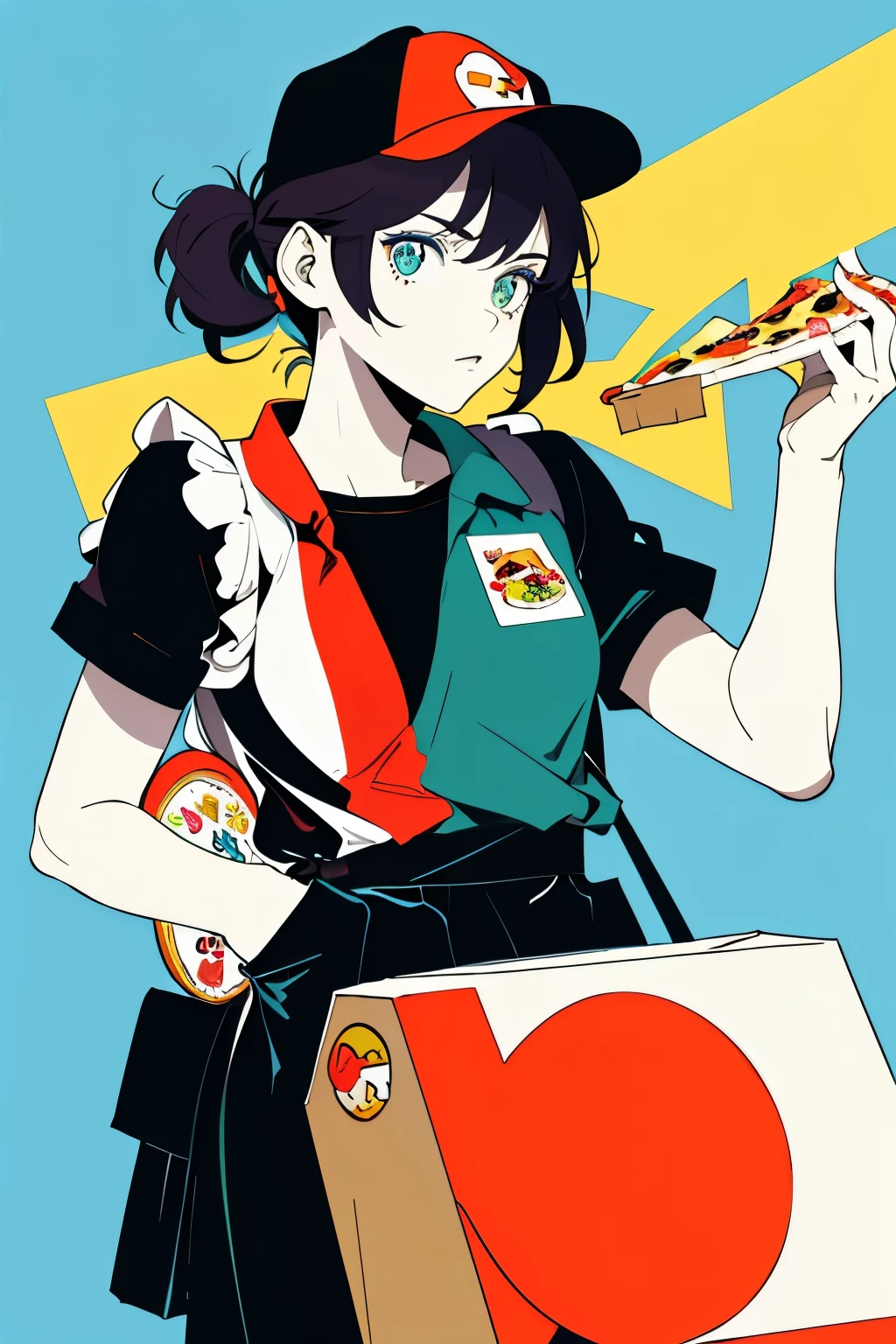 (flat color:1.1),(masterpiece:1.2), original, pizza delivery girl, holding pizza box