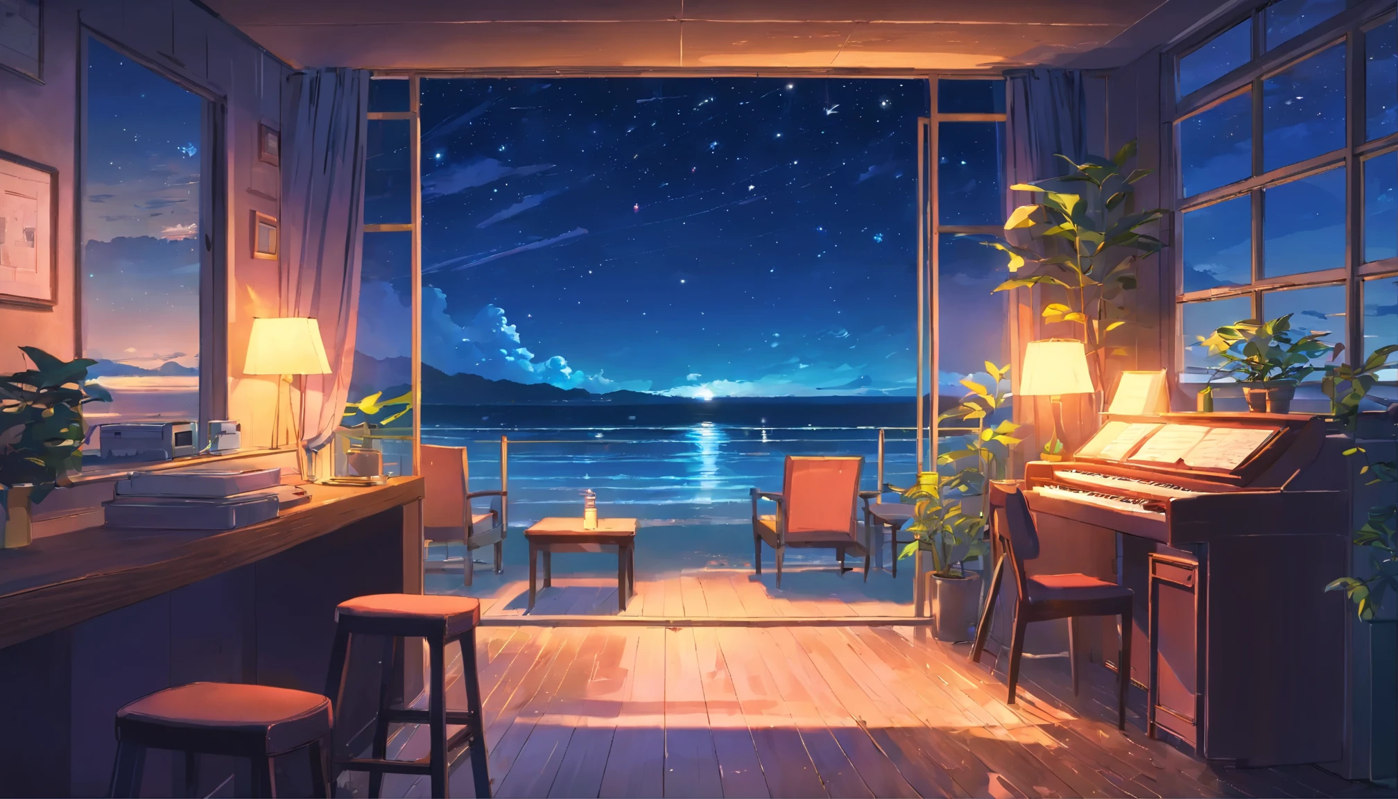 【最高masterpiece】Piano Jazz Bar, dream, Please wear headphones, Night Light, Neon scenery on a rainy day, Analog Color Theme, Lo-fi hip hop , review, flat, 2.5D ,Draw a line, Ink Painting, Osaka Road, Watercolor, Gouache Color, Very colorful, Outerton, Krautlock, Lofi Art,Old Texture, amplitude,Psychedelic atmosphere, masterpiece, Technology of Wonders,Darken the room,A beautiful night at the beach with a starry sky outside the window
