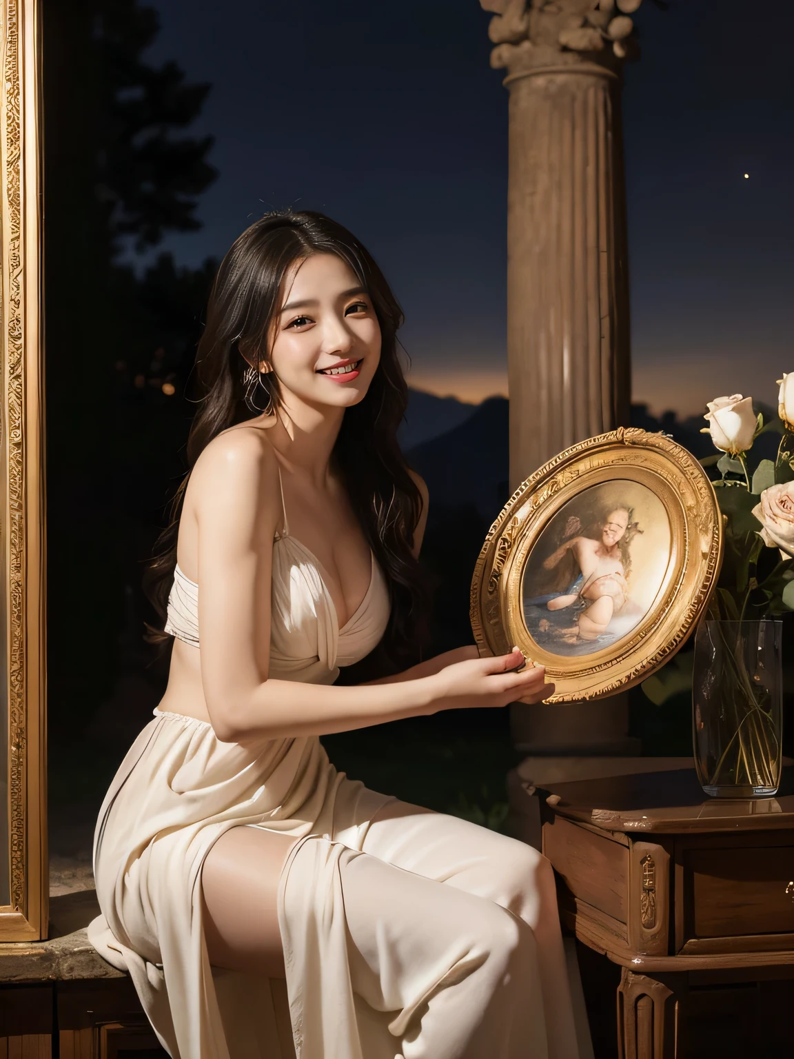 Giorgione painting style,Arguments of two female Philosophe,math、astronomical machine、astronaut、roses in vase、fruits、Cute trinkets、smile、ancient greek costume、Background is a forest lake at night 、Clothes that stretch your shoulders、A big smile、beautiful bare skin、A detailed representation of the seducing woman throughout her body.full body portrait, Ancient Roman ruins, Poussin-style landscape at night, A smile, , Sweet and seductive appearance.、Caravaggio's paintings、Chiaroscuro of Caravaggio、Hair disheveled in the wind, Two women frolicking, Cute smile, Expression of ecstasy, A sexy, Erotic
Negat