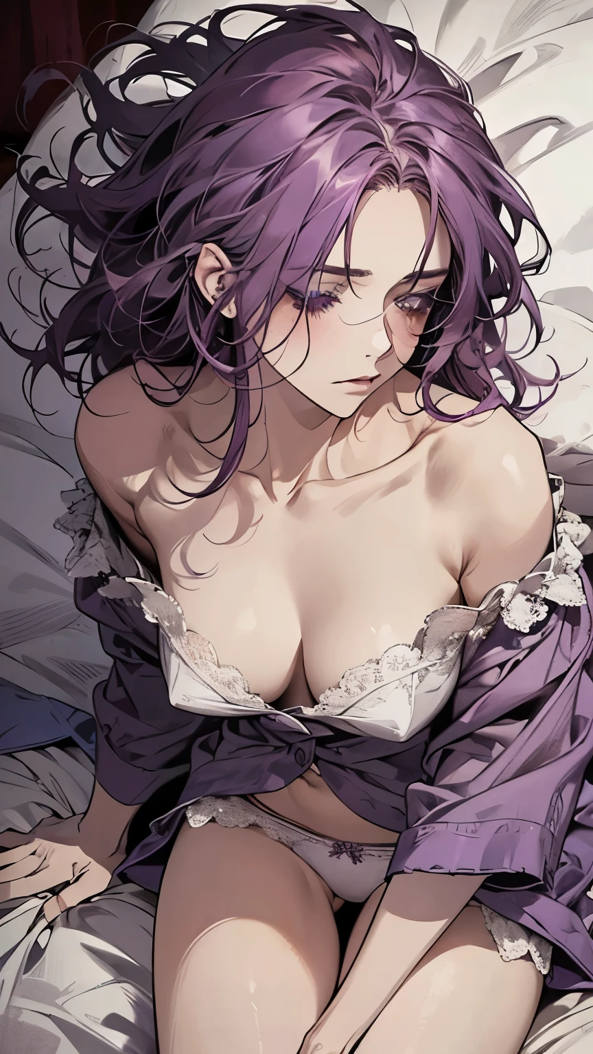 purple hair, hair over shoulder, messy hair, empty eyes, sleepy, unconscious, from above, masterpiece, textured skin, best quality, gorgeous adult woman, Sitting on the bed, just woke up, covered with sheets, in underwear,