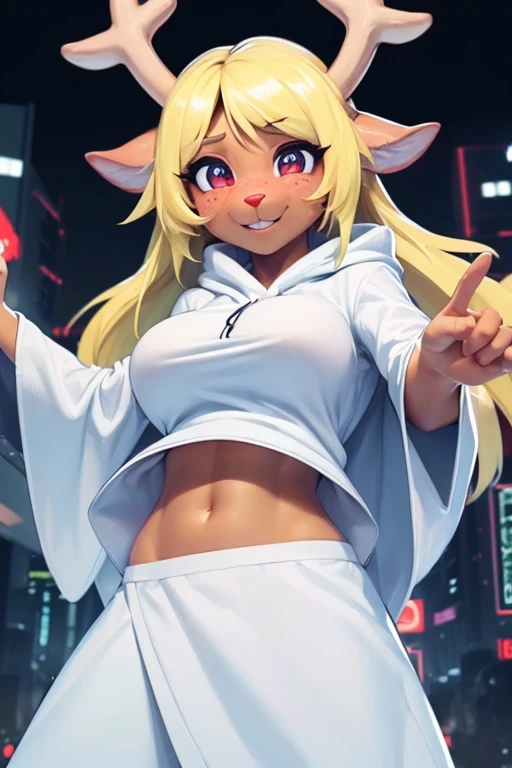 (noelle, furry female anthro, blonde hair, deer girl, red deer nose, white eyes, white pupils, white robe, hooded robe, big breasts, midriff), sad, outstretched arms, green neon city, smiling