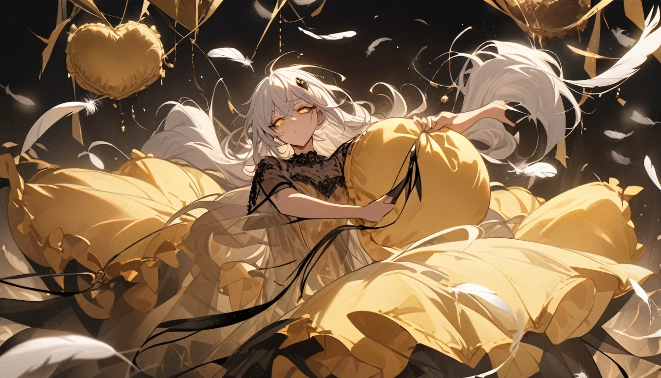 A woman, flowing white hair, melancholy eyes, yellow pupils, black diamond-shaped hairpin, A woman is cutting up a tattered super huge golden silk cushion with scissors in a dirty way. many tiny feathers are dancing, She wears a see-through gown,