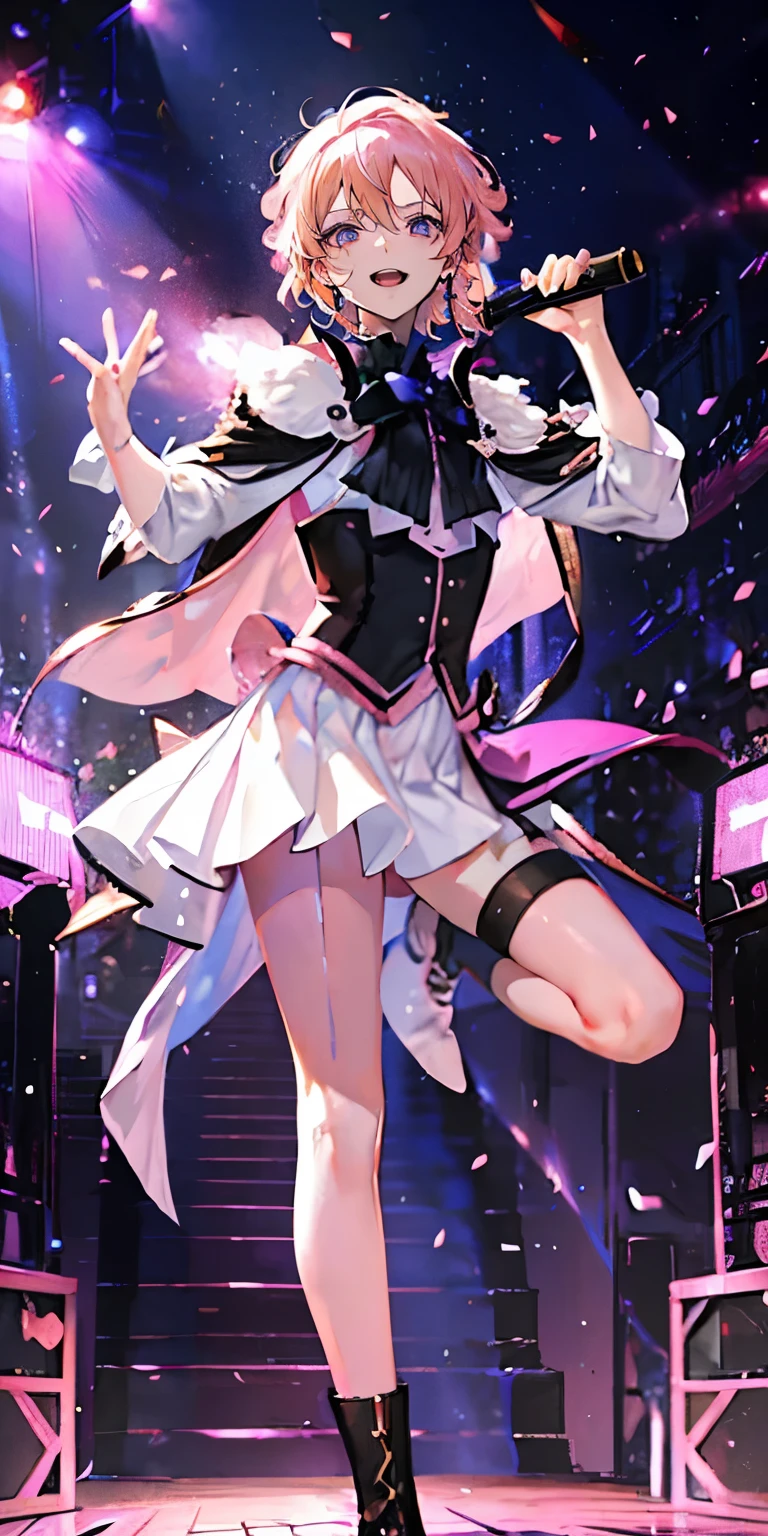 (Mastepiece), (Best Quality), Very detailed, ((1 boy)), Perfect Face, Beautiful Face, Very detailedな顔,((Light pink hair_short hair_Pale pink eyes:1.3)),Male solo idol、Gorgeous idol costumes、Cape、boots、(pants:1.2)、(Hold the microphone)、stage、Concert Dome、Lots of confetti、(smile:1.4)、(Open your mouth wide)、sing、dance、Wink、Laser light、Spotlight