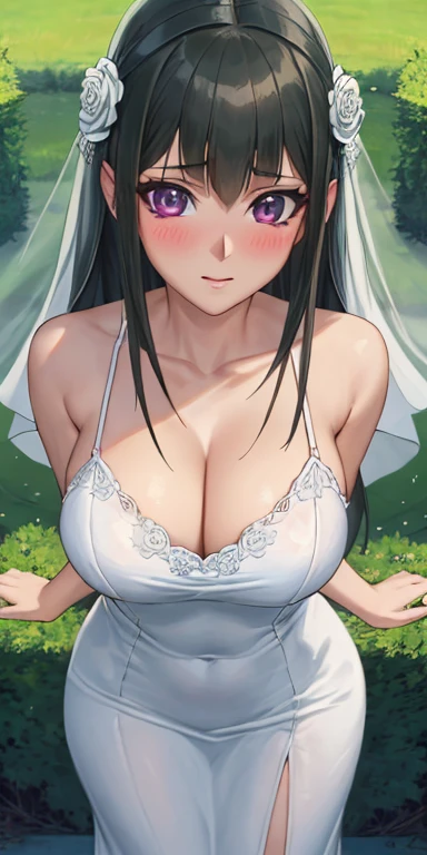 masterpiece, best quality, ultra-detailed, illustration,masterpiece, Best quality, high resolution, high resolution, CC, 1girl, beautiful detailed eyes, looking at viewer in a seductive look, close up, (breast focus), flowers, holding flowers,(from above:1.1),big sized breasts, attempt to seduce,blush, cleavage ,(wide thighs), (weeding dress), (white dress),(white veil),(tight dress)