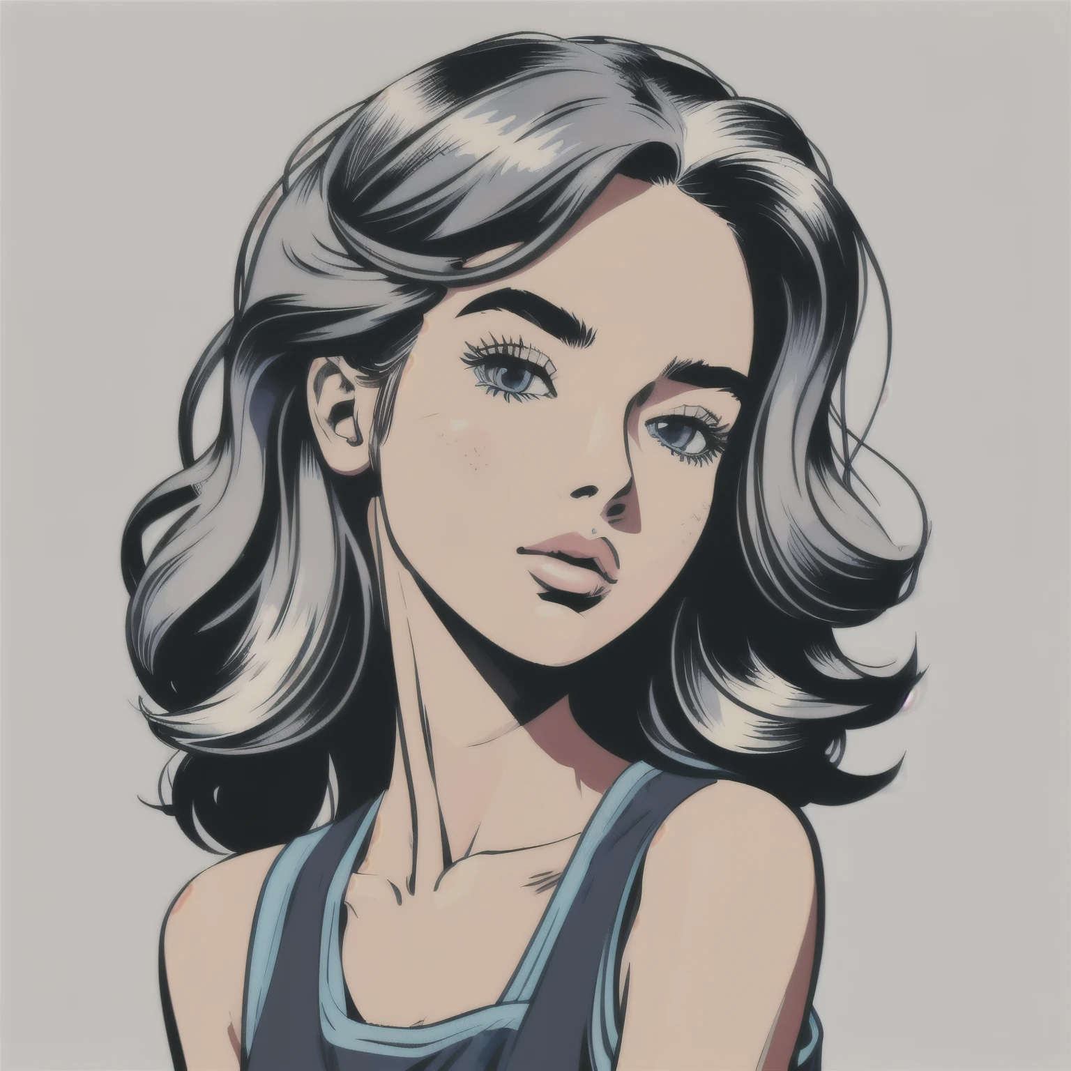 Flat Color, 25 year old surfer girl, Sunburn, ([blue eyes]) Long white wavy hair, Natural beauty, beautiful, casual, Black tank top, masterpiece, Pop Art, close, Portraiture, Anime Style, Simple and bold colored line art, Manga style illustration, Cartoon Art Style, Digital illustration style, highly detailed character design, Cute and detailed digital art, beautiful digital illustration, high quality Portraiture, Comic art, Character Design Portrait, (([Simple gray background])) Pop Art, 
