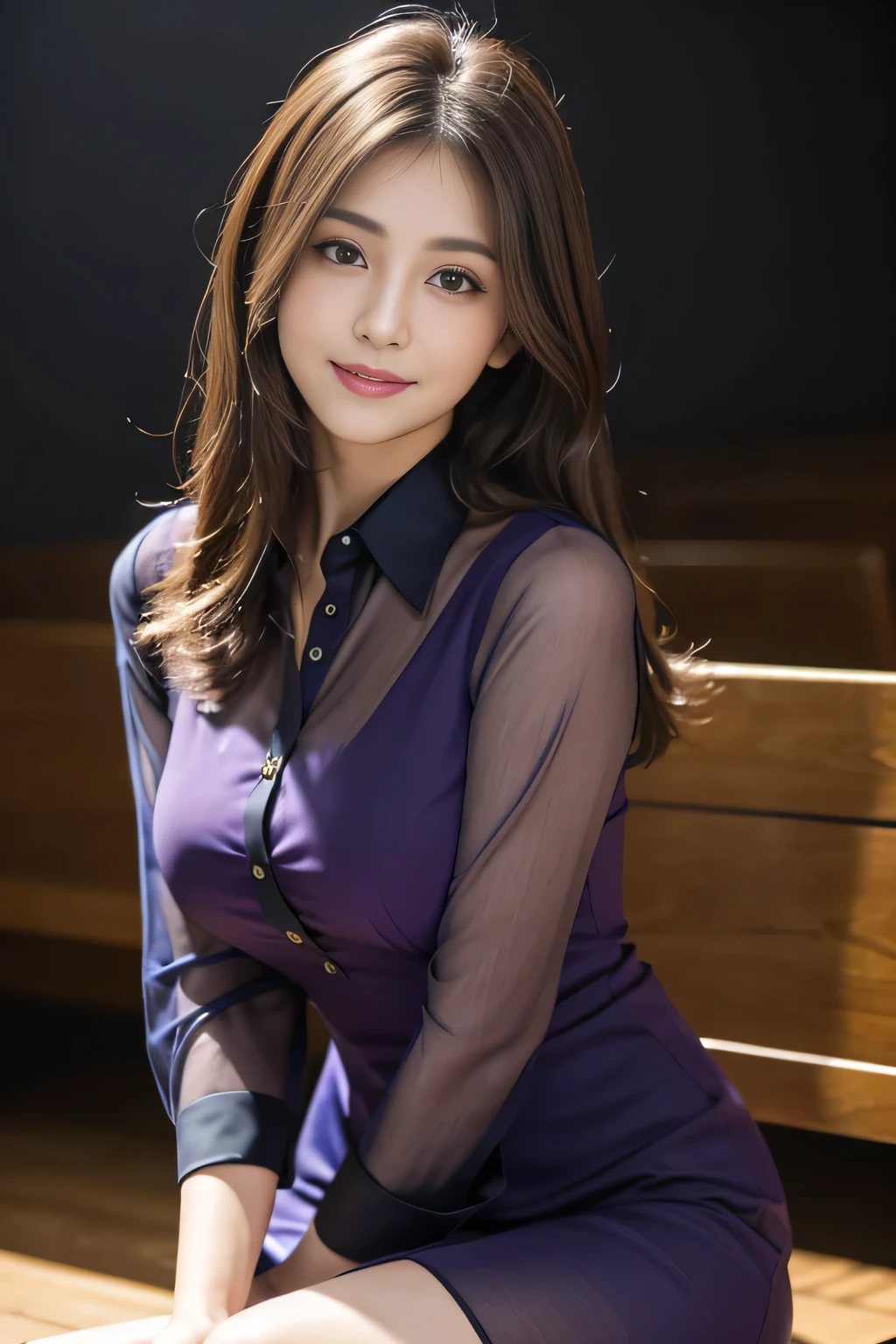 (RAW Photos), (Realistic), (masterpiece), (highest quality), High resolution, 8k, (Intricate details), (Volumetric Light), Portraiture, woman, Age 35, Medium Hair, Straight hair, Medium Chest, Layered Hair, Brown Hair, Very beautiful eyes, Source order, Very thin eyebrows, Very fine skin, Very beautiful mouth, Very nice nose, Cute like an idol, smile, (Thick lips), (Looking at the audience), (See-through dark purple collared dress shirt), Above the knee shot