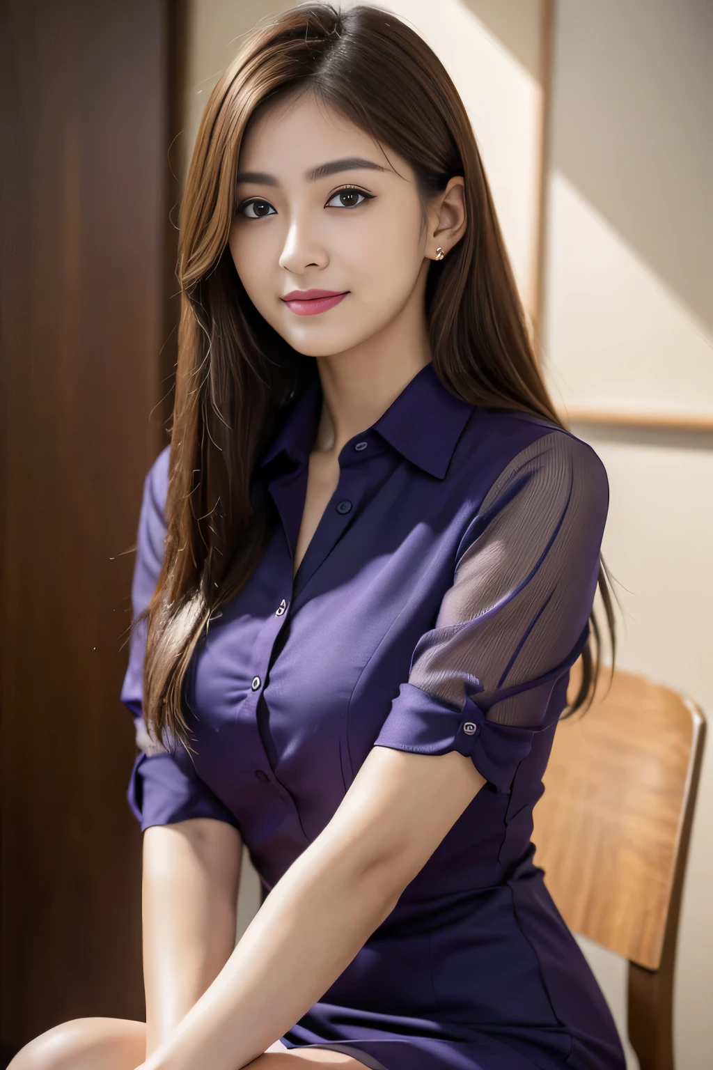 (RAW Photos), (Realistic), (masterpiece), (highest quality), High resolution, 8k, (Intricate details), (Volumetric Light), Portraiture, woman, Age 35, Medium Hair, Straight hair, Medium Chest, Layered Hair, Brown Hair, Very beautiful eyes, Source order, Very thin eyebrows, Very fine skin, Very beautiful mouth, Very nice nose, Cute like an idol, smile, (Thick lips), (Looking at the audience), (See-through dark purple collared dress shirt), Above the knee shot