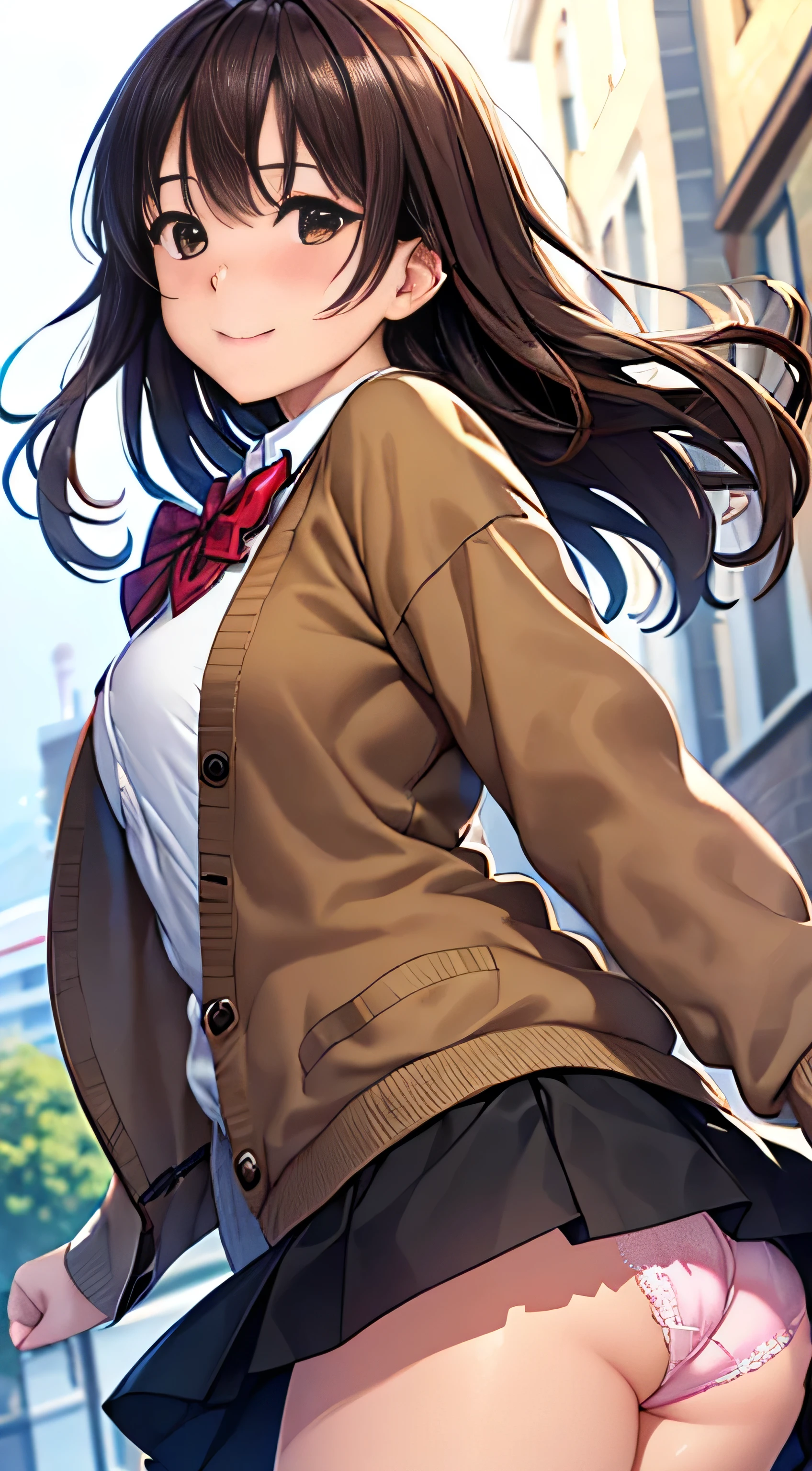 ((Tabletop, highest quality, High resolution, , Perfect Pixel, 4K,))), 1 high school girl, single, alone, beauty、The whole body is visible、 ((Mid-wave hair, bangs, Brown Hair)), ((Brown eyes, Beautiful eyelashes, Realistic eyes)), ((Detailed face, Blushing:1.2)), ((Smooth texture:0.75, Realistic texture:0.65, Realistic:1.1, Anime CG Style)), Medium Chest, Dynamic Angle, Perfect body, ((Red bow tie, , Black jacket, Open jacket, Brown cardigan, White shirt, Black Skirt, Check skirt)), 、、Very embarrassing panic smile, looked back、Leaning forward、The wind is blowing and my underwear is completely visible、Touch your buttocks with both hands、White and pink floral lace panties、Angle from below)、
