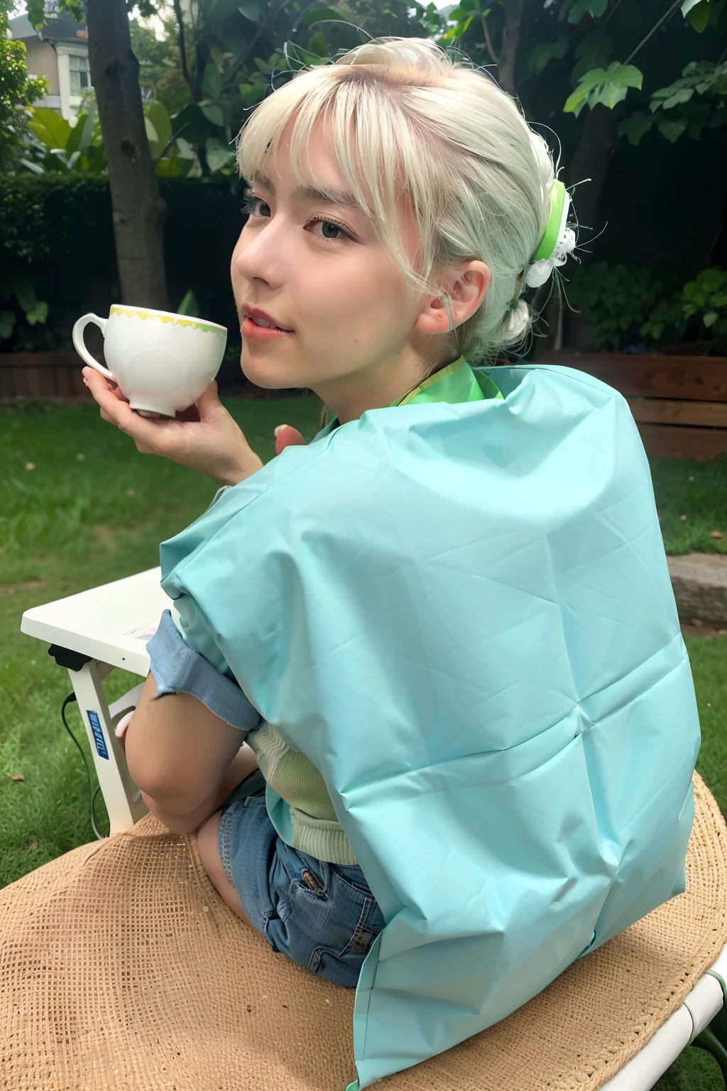 (Masterpiece, best quality), Tea set with outdoor water packaging design, meticulously combining the characteristics of corrugated paper for a convenient and practical solution, (ultra high resolution:1.5), (photorealistic:1.6), 1 scene, a beautiful peaceful outdoor setting, a man holding a traditional tea cup, efforts put into creating a harmonious blend of technology and nature,Foldable and portable design reminiscent of existing foldable water bags on the market, different specifications and types of product innovations showcased, meticulously detailed corrugated paper texture, crisp and clear color scheme, (White and green theme:1.4), (Minimalist and