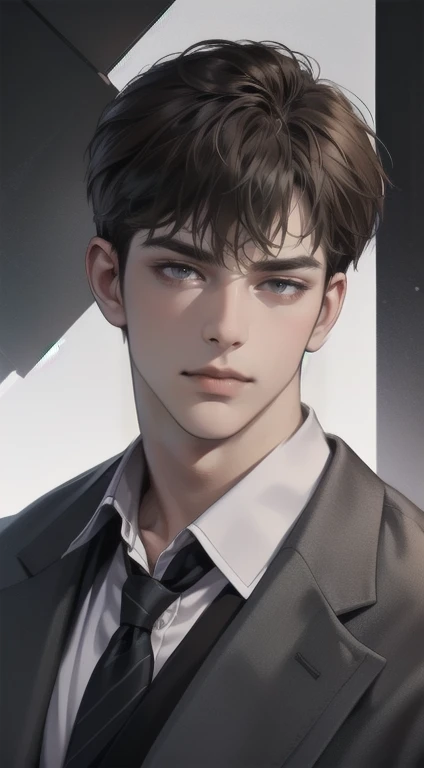 masterpiece, best quality, realistic, 1man, mature male, quiet and charming young man, 25 years old, close his eyes, serious look, extremely detailed face, smirk, ((dark grey eyes)), ((short-right-swept dark brown hair)), [thick eyebrows], detective, Black background, ((suit)), cinematic lighting