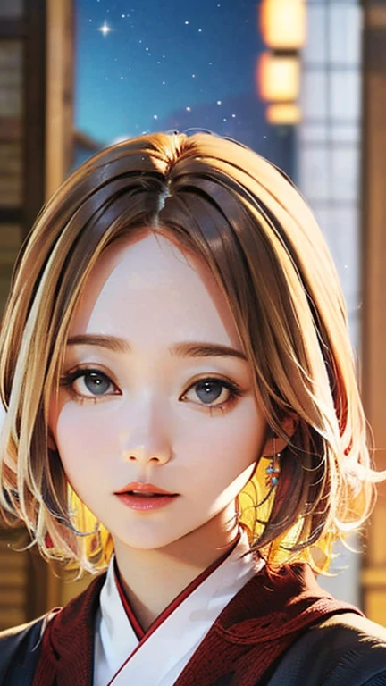(Top quality masterpiece:1.2) Delicate illustrations, Very detailed, /Beautiful Japanese Woman、1 person,Very cute and slim、Excellent style 、((8K images、super high quality))、Very delicate face, Beautiful forehead、Beautiful thighs、Bright red lipstick,(((((Middle Hair、Light brown hair、Blonde hair))))),very cute、Kind eyes,((((Female Spy))))、starry skies、Tokyo night view