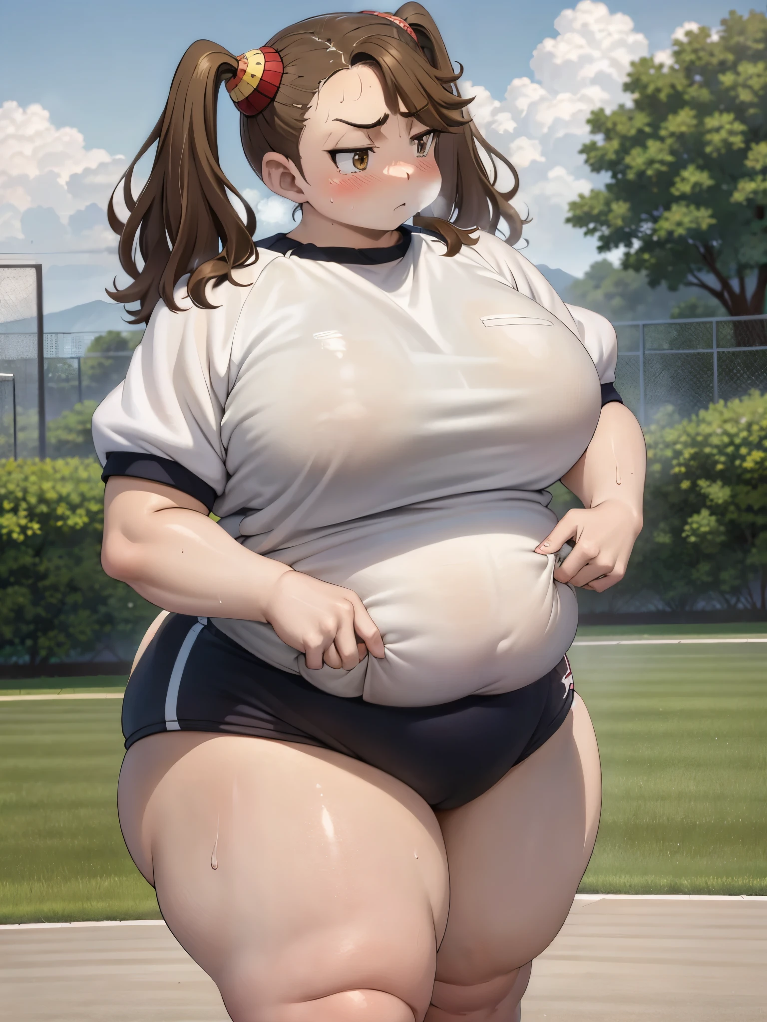 A girl wearing bloomers((From before)),Brown Hair,Light brown eyes,Blushed,Troubled expression,pigtails,BIG Boned,On the ground,steam,vapor,Big Ass,Thick legs,Thick arms,Wide pelvis,Wearing gym clothes,thick calf,tall,Sweat,Being outside,weather((Clear skies))