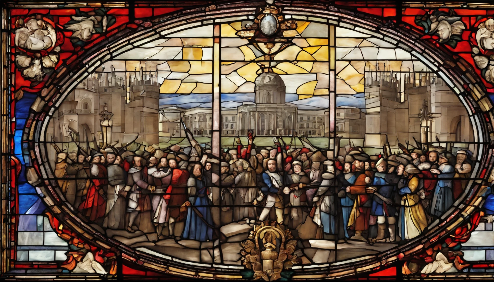 create art depicting the French revolution with the crowd celebrating the king's beheading while there is a blood-stained guillotine in the center of the image and the executioner holding the king's severed head for all to see.