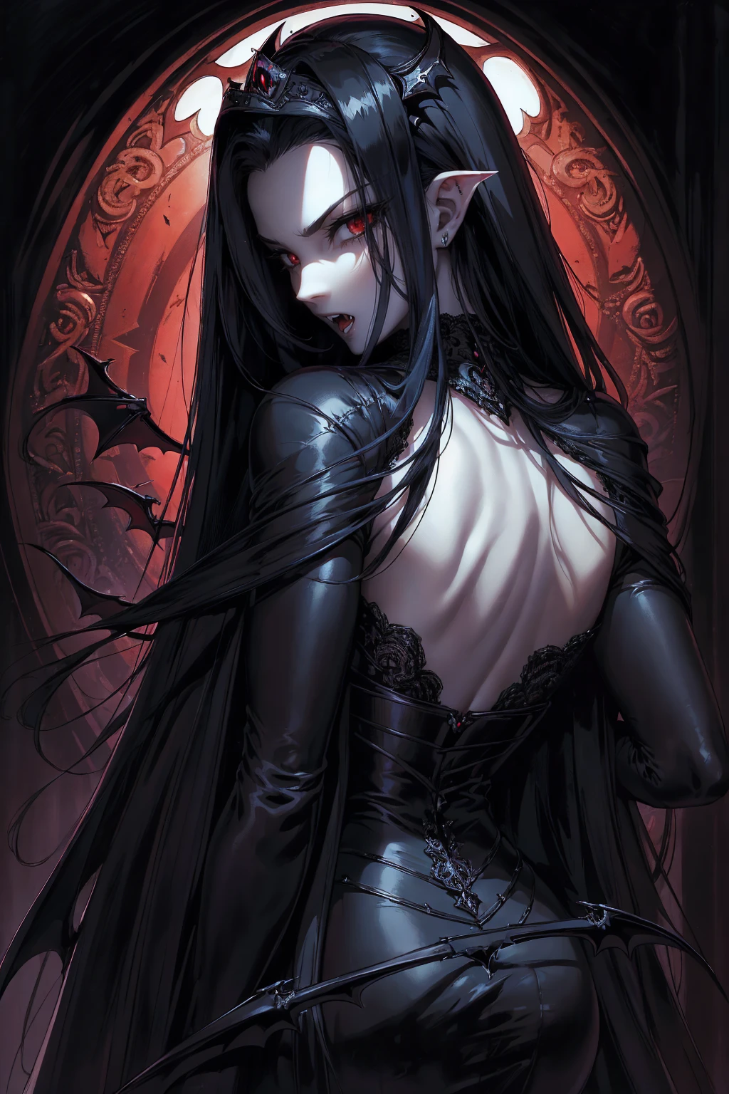 absurdres, ((stunning female Vampire))), goth Renaissance, (long black hair:1.erfect and detailed angular sharp oval shaped face, ((redeyes)), jewelry, red and black tetradic colors, full lips, gothic castle background, (solo), perfect anatomy, approaching perfection, ethereal, intricate details, ultra-high definition, 12k resolution, goth aesthetic, smooth, sharp focus, dreamy, glowing, backlit, glamour, glimmer, fantastical, shadows, smooth, Gothic crown, illustration, backwards, looking back