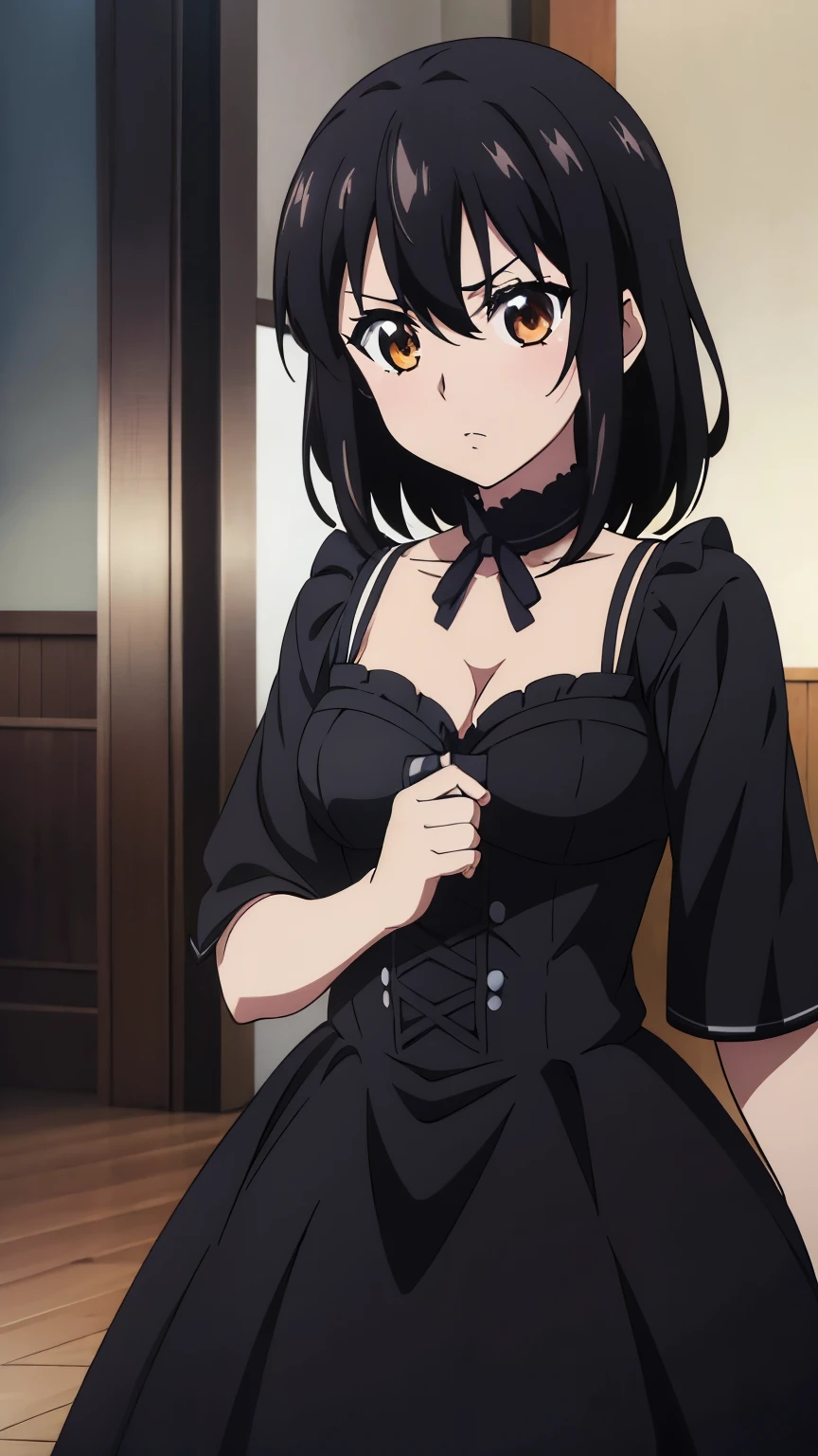 (highest quality, 8k, High resolution, masterpiece:1.2), Anime art style, Hyper Detail, himeragi yukina, Brown eye, Black Hair, Hair between the eyes, Medium Hair, 1 girl, Perfect Face, eye_Light_big,Small medium chest, Soft impression, alone, (Elegant Gothic Princess, Black Gothic Lolita Dress, Gothic Dress), Cowboy Shot, Observe the audience,