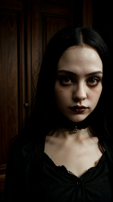 A very pale humanoid woman, with red eyes, her name is (The Englewood Succubus), she is crazy, crazy, horror, she is creepy, scary, shocked expression, very evil, she is skinny, evokes fear. , terror, dread, decay, disgust, she is a psychopath, dark, unusually thin, unusually attractive, thin, disheveled, emaciated, twisted, terrifying, sick, alone, close up, (messy_long_dark_hair), fog, evil eyes, glowing eyes , (wears an old and very dirty torn black dress), autumn weather, dusk, floating in the air, vampire, 1600