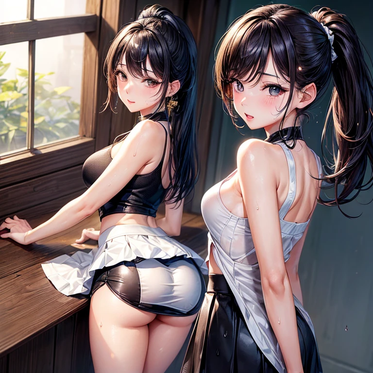 (masterpiece,highest quality,超A high resolution),japanese woman, (((Very beautiful 25 year old girl))), pretty girl、look at the photographer､  ((beautiful low ponytail)), super cute face, glossy lips, double eyelids in both eyes,natural smile、 natural makeup, long eyelashes, Shiny and smooth hair､center image,  perfect limbs, perfect anatomy,(((Tight Skirt)))、(((turn around and look back)),wet with sweat, 