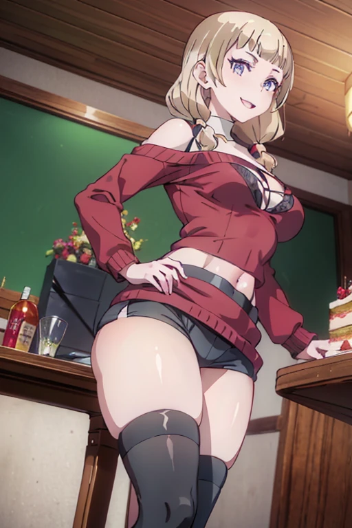 (dynamic angle:1.3, front view:1.1, breast focus:1.3, from below:1.2), (dynamic posing:1.5, sexy posing:1.2, leaning forward), (seductive smiling:1.3), ((looking at viewer, holding a cake)),highest quality、(real、photorealistic:1.4),(ultra high resolution, 8K RAW photo, clear focus), best qualtiy, natural lighting, field depth, (Bright pupils, detailed beautiful eyes, high detailed face), Red lip, (tight focus:1.2, from below), sexy posing, a girl 22yo old, teacher, wearing a , bootyshorts, Thicc, thin breast, long hair, blue eyes,off-shoulder dress, sweater dress, off-shoulder sweater, red sweater,garter stocking, cleavage:1.1, midriff, black shorts, black thighhighs, thigh strap, pretty girl, (highly detailed beautiful face and eyes,firm breasts),real skin,((black,hair,long pony tail hair)),thin pubic hair,cute,lovely, detailed eyes, This masterpiece is only visually stunning but also tells,(double breasted:1.2,under bust:1.2),(with sparkling eyes and a contagious smile),open mouth, Looking at Viewer, posed cleavage:1.2,pose muy sexy"