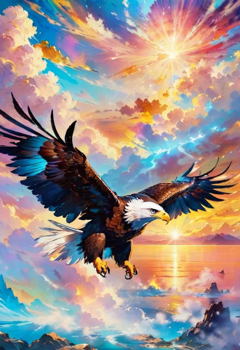An amazing painting of an other worldly Eagle flying through the sky, beautiful sunset, colorful clouds