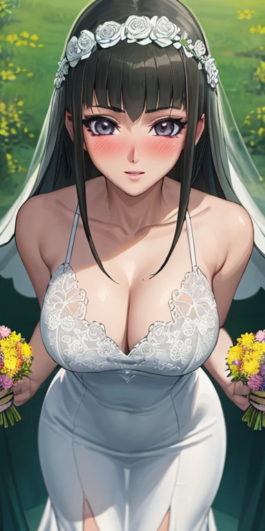 masterpiece, best quality, ultra-detailed, illustration,masterpiece, Best quality, high resolution, high resolution, CC, 1girl, beautiful detailed eyes, looking at viewer in a seductive look, close up, (breast focus), (arms behind back:1.2), (from above:1.1),big sized breasts, attempt to seduce,blush, cleavage ,(wide thighs), (weeding dress), (white dress),(white veil),(tight dress),nipples,((show nipples:1.5)),((show tits:1.5))