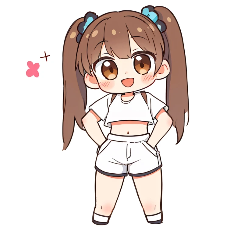 masterpiece, best quality, 1girl, (chibi:1.1), crop top, shorts, brown hair, twintails, brown eyes, smile, rating_safe