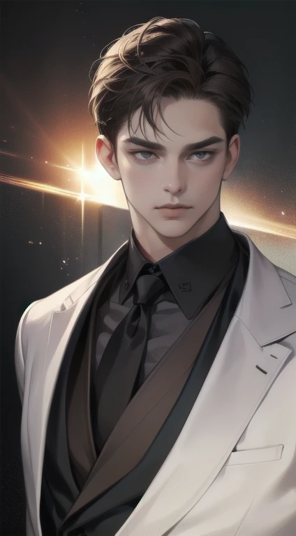 masterpiece, best quality, realistic, 1man, mature male, quiet and charming young man, 25 years old, close his eyes, serious look, extremely detailed face, smirk, ((dark grey eyes)), ((short-right-swept dark brown hair)), [thick eyebrows], detective, Black background, ((suit)), cinematic lighting