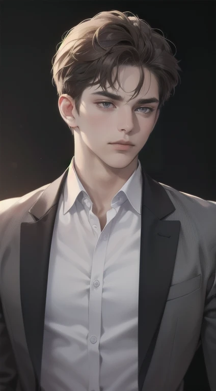 masterpiece, best quality, realistic, 1man, mature male, quiet and charming young man, 25 years old, close his eyes, serious look, extremely detailed face, smirk, ((dark grey eyes)), ((short-right-swept dark brown hair)), [thick eyebrows], detective, Black background, ((suit)), cinematic lighting