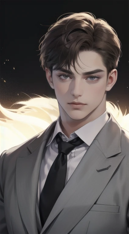 masterpiece, best quality, realistic, 1man, mature male, quiet and charming young man, 25 years old, close his eyes, serious look, extremely detailed face, smirk, ((dark grey eyes)), ((short-right-swept dark brown hair)), [thick eyebrows], detective, Black background, ((suit)), cinematic lighting