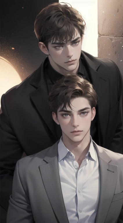masterpiece, best quality, realistic, 1man, mature male, quiet and charming young man, 25 years old, close his eyes, serious look, extremely detailed face, smirk, ((dark grey eyes)), ((short-right-swept dark brown hair)), [thick eyebrows], detective, Black background, ((suit)), cinematic lighting