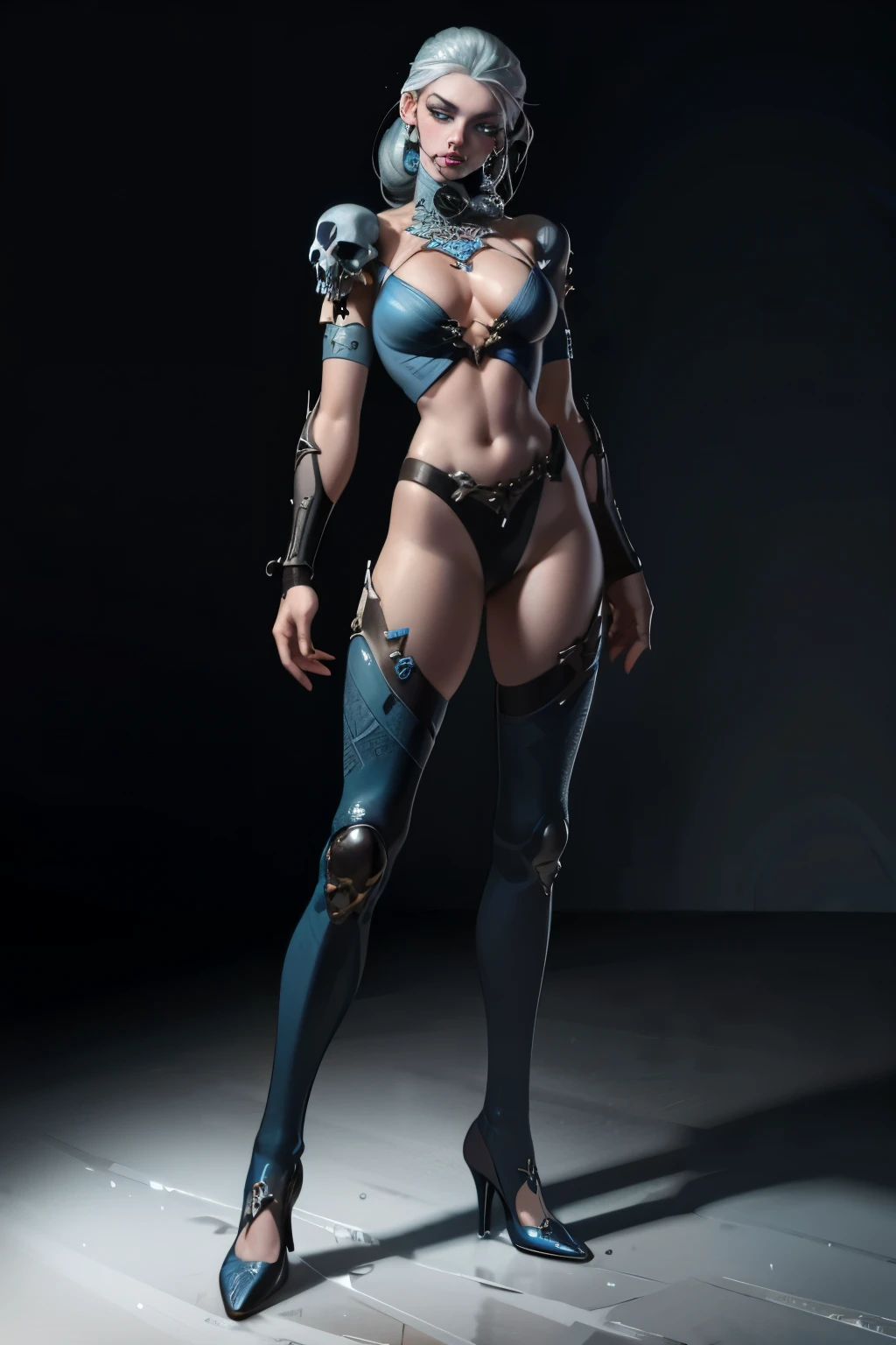 (best quality, highres, ice skull:1.1), ice skull, girl style, thick body art, detailed facial features, icy blue eyes, glossy lips, long eyelashes, porcelain skin, blue and silver color scheme, intricate skull design, realistic texture, vibrant colors, elaborate background, mysterious atmosphere, frozen garden, snow-covered trees, sparkling ice crystals, surreal lighting, fantasy elements
