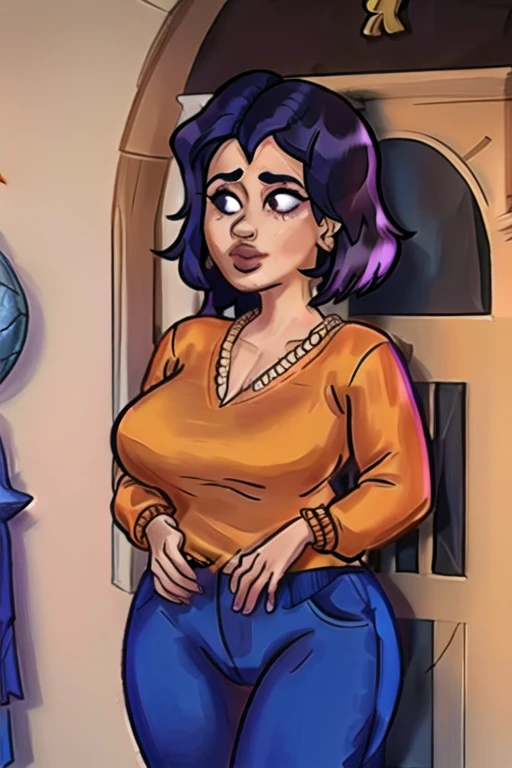 paula pequena, cabelo roxo curto,olhos pretos, lips, Olhos meio abertos,  entediado,  pele escura, 
orange sweater, blue pants, 
 Sozinho,  sentado, 
lar, sala de estar,  
(incrivelmente detalhado,  obra de arte, melhor qualidade), 