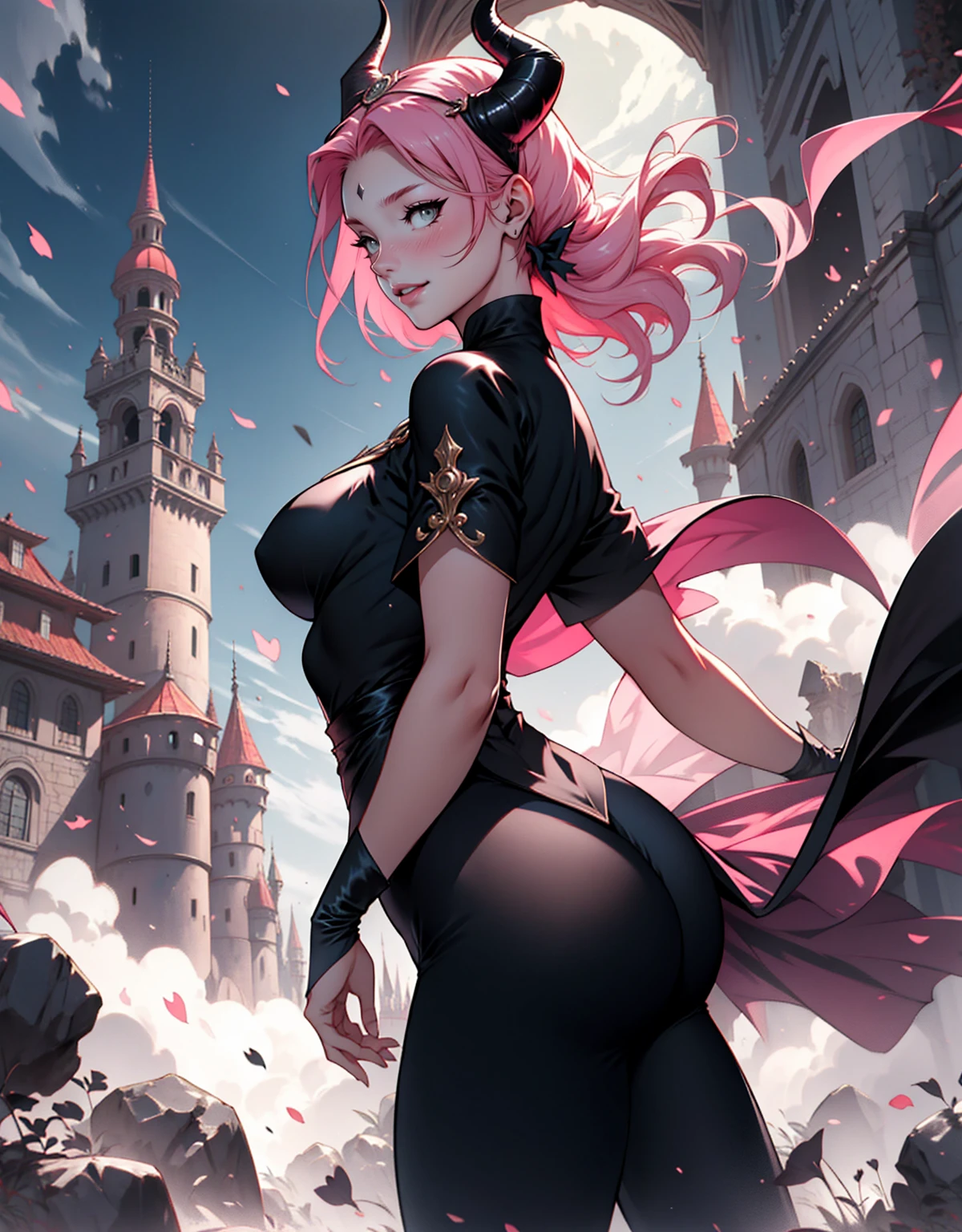 1 mulher, dressed up as maleficent, strong emotions, sakura, cabelo curto, (cabelo rosa!!) , luz, foco, como malevola, corpo inteiro, horns on head, solo, magia ao seu redor, she is in front of a castle,(leggings and black blouse), from head to toe ((corpo inteiro!!!), maligna, rosto perverso, sorriso maligno, backwards, looking back