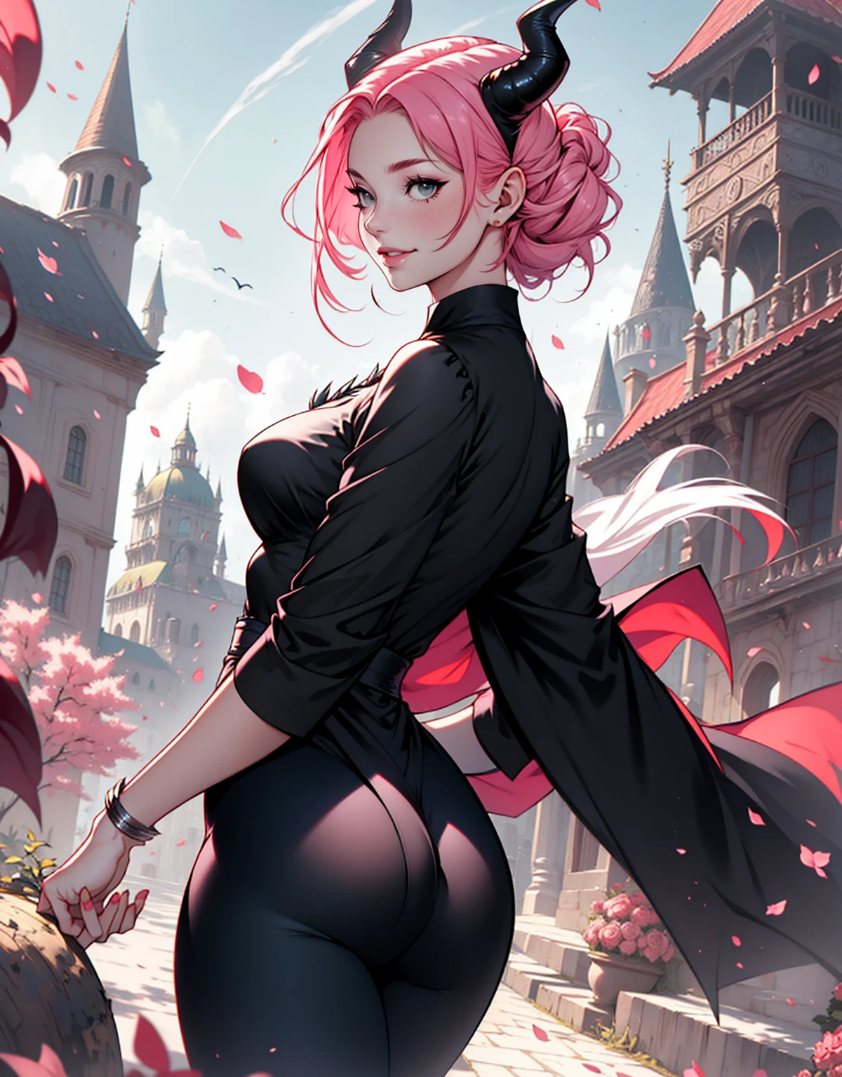 1 mulher, dressed up as maleficent, strong emotions, sakura, cabelo curto, (cabelo rosa!!) , luz, foco, como malevola, corpo inteiro, horns on head, solo, magia ao seu redor, she is in front of a castle,(leggings and black blouse), from head to toe ((corpo inteiro!!!), maligna, rosto perverso, sorriso maligno, backwards, looking back