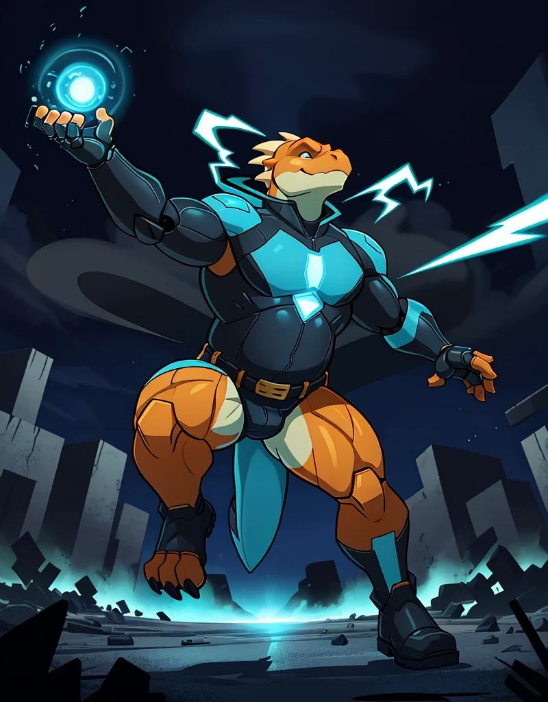 A male chubby anthropomorphic lizard with orange scales, wearing a skimpy navy blue and cyan superhero suit with black boots and black gloves and a cyan utilitybelt , using telekinesis to lanch debris as robots ,action scene, 