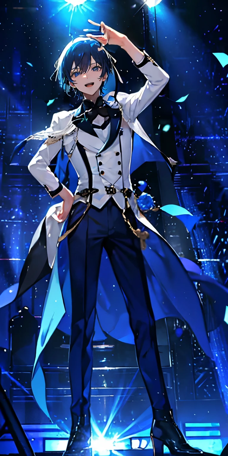 (Mastepiece), (Best Quality), Very detailed, ((1 boy)), Perfect Face, Beautiful Face, Very detailedな顔，((Light blue hair_short hair_Light blue eyes:1.3))，Male solo idol、Gorgeous idol costumes、Cape、boots、(pants:1.2)、(Hold the microphone)、stage、Concert Dome、Lots of confetti、(smile:1.4)、(Open your mouth wide)、sing、dance、Wink、Laser light、Spotlight