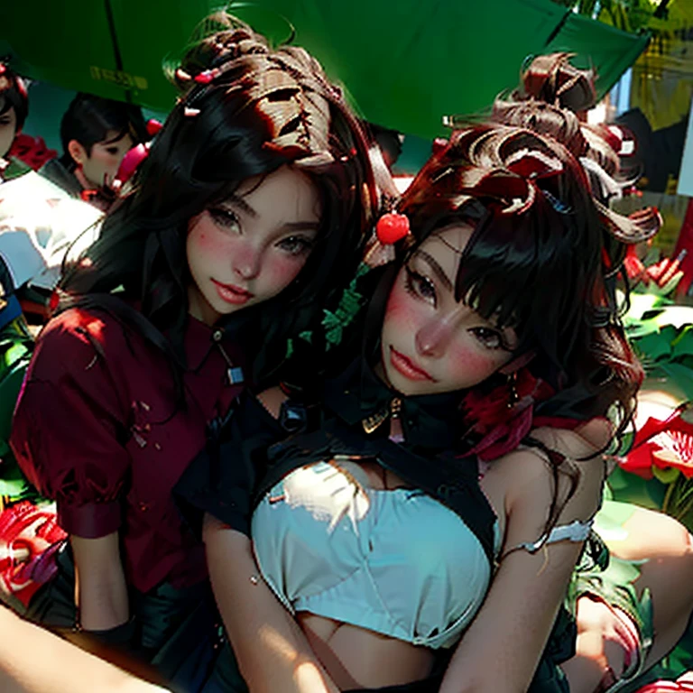 Dos chicas,juntando sus cuerpos y manos , felices,  con fresas  