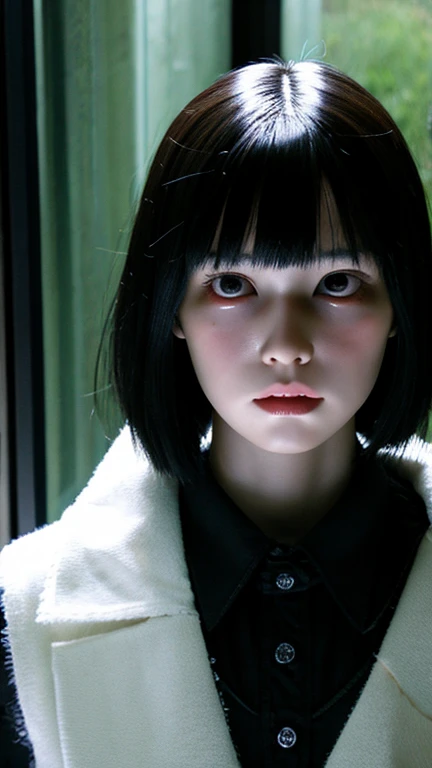 Gothic horror masterpiece，beautiful female doll，The feeling of terror uncanny valley，There is a ghost behind