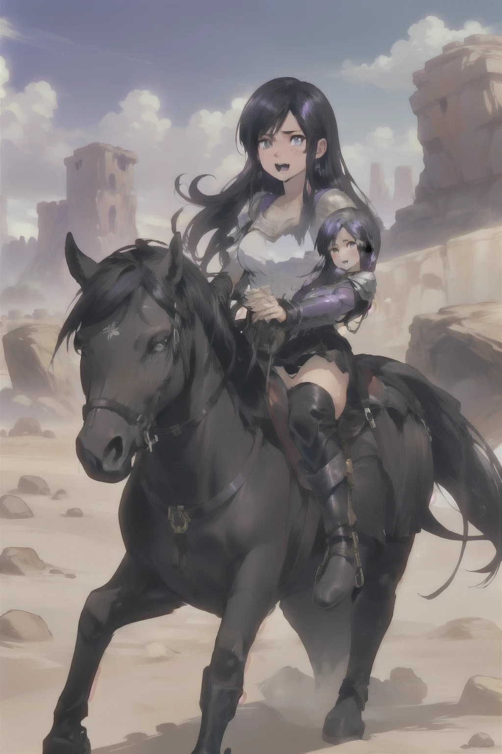 ((best quality)), ((anime masterpiece)), (high detailed), 8k, perfect face, female knight riding a GREY HORSE, (long hair, {black hair},purple armor, purple miniskirt, leather boots), exhausted, sweating face, open little mouth, solo, holding both hand to rein, in the middle of desert, view from side, anatomically correct