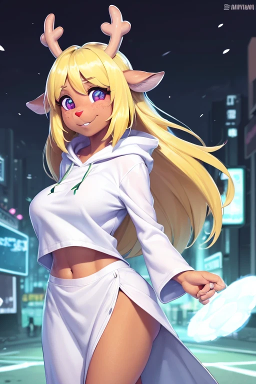 (noelle, furry female anthro, blonde hair, deer girl, red deer nose, white eyes, white pupils, white robe, hooded robe, big breasts, midriff), sad, outstretched arms, green neon city, smiling
