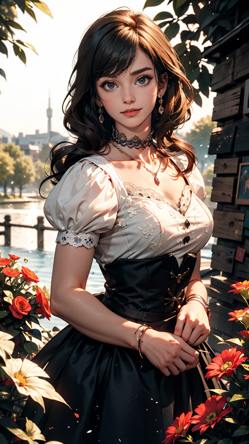 (masterpiece:1.2), (highest quality:1.2), Perfect Eyes, Perfect Face, Perfect lighting, One girl, Mature goth girl woman standing with hands out in front of her, Long Hair, Complicated hairstyle, compensate, Black Lips, Thick eyelashes, sad, melancholy, Dressed as a goth girl, Black and white dress, Frills, ribbon, Puffy sleeves, Exposing shoulders, Lace choker, jewelry, peaceful, quiet, Chill, Detailed outdoor background, Beautiful Landscape, Fantasy, summer, sunny, Sunburned, Flowers, wood 、smile