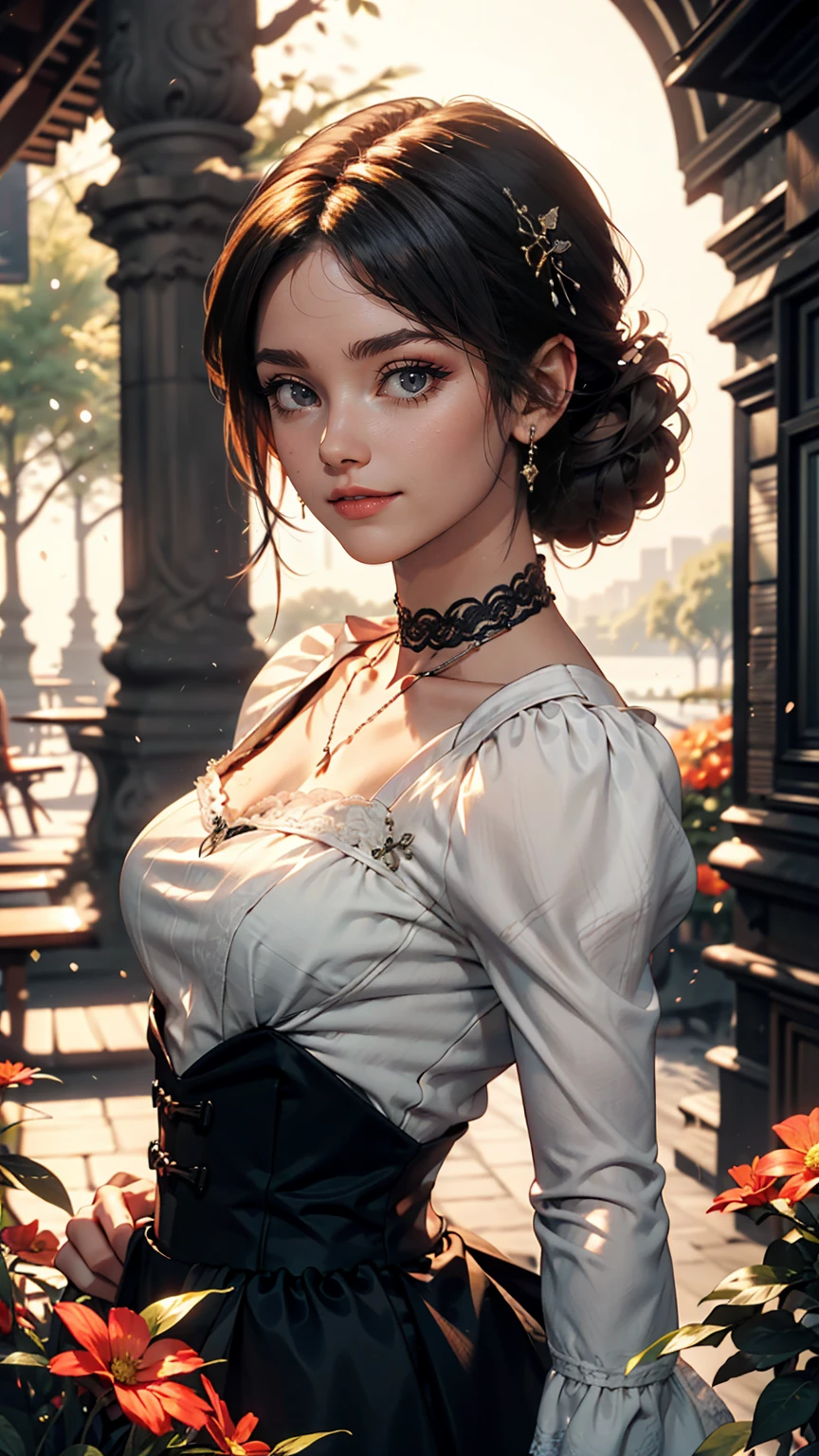 (masterpiece:1.2), (highest quality:1.2), Perfect Eyes, Perfect Face, Perfect lighting, One girl, Mature goth girl woman standing with hands out in front of her, Long Hair, Complicated hairstyle, compensate, Black Lips, Thick eyelashes, sad, melancholy, Dressed as a goth girl, Black and white dress, Frills, ribbon, Puffy sleeves, Exposing shoulders, Lace choker, jewelry, peaceful, quiet, Chill, Detailed outdoor background, Beautiful Landscape, Fantasy, summer, sunny, Sunburned, Flowers, wood  、smile