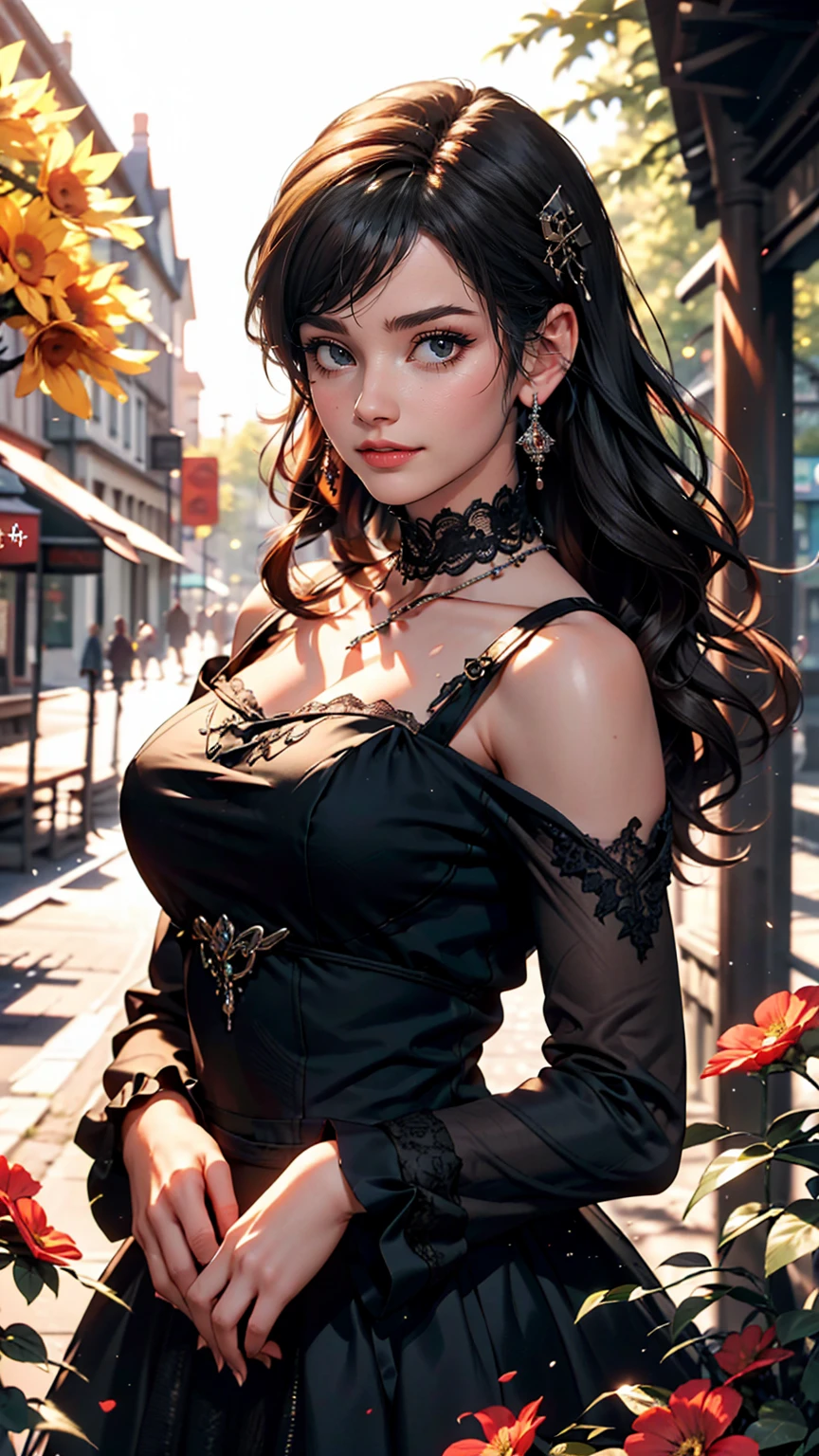 (masterpiece:1.2), (highest quality:1.2), Perfect Eyes, Perfect Face, Perfect lighting, One girl, Mature goth girl woman standing with hands out in front of her, Long Hair, Complicated hairstyle, compensate, Black Lips, Thick eyelashes, sad, melancholy, Dressed as a goth girl, Black and white dress, Frills, ribbon, Puffy sleeves, Exposing shoulders, Lace choker, jewelry, peaceful, quiet, Chill, Detailed outdoor background, Beautiful Landscape, Fantasy, summer, sunny, Sunburned, Flowers, wood 、smile