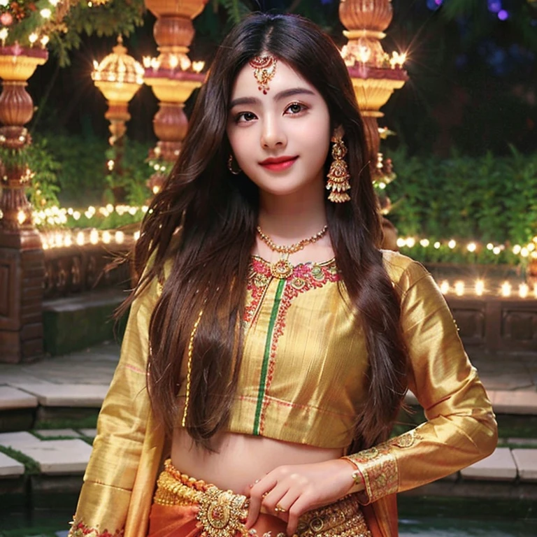 (Realistic:1.5), beautiful Indian women, vibrant colors, intricate traditional attire, henna adornments, long wavy dark hair, striking almond-shaped eyes, glowing olive skin, delicate features, radiant smiles, RAW photographs, top-quality, masterpiece:1.3, serene garden setting, professional lighting, full-body shots, angle from the front, soft natural light, traditional Indian jewelry, captivating expressions, making eye contact with the camera.