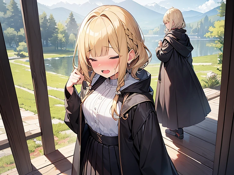 Masterpiece, Top quality, (1 beautiful girl), junior high school student, Blonde, short Hair, Braided hair, wavy Hair, blunt bangs, standard weight, (flat chest):1.3, (very large dark sorceress long robe with hood):1.3, pleated skirt, nose blush, open mouth, closed eyes, saliva, leaning back, beautiful scene of outdoors, cowboy shot, (overhead shot):1.2, (open clothes,):1.3,injury