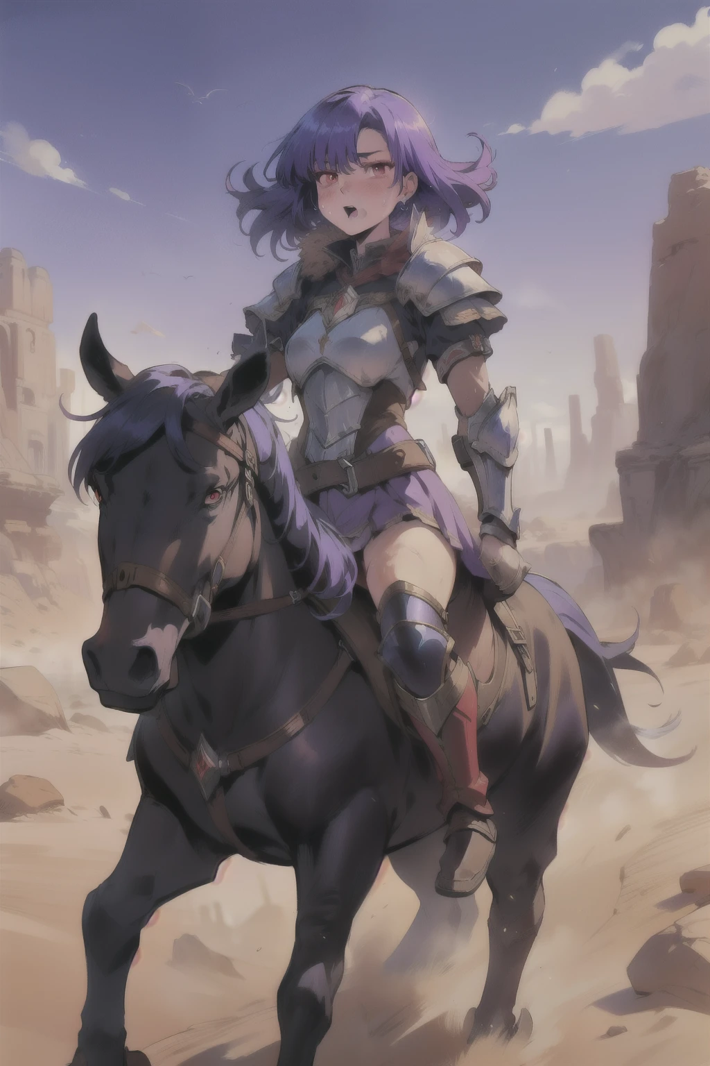 ((best quality)), ((anime masterpiece)), (high detailed), 8k, perfect face, female knight riding a BROWN HORSE, (red eyes, purple armor, purple miniskirt, leather boots), exhausted, sweating face, open little mouth, solo, holding both hand to rein, in the middle of desert, anatomically correct