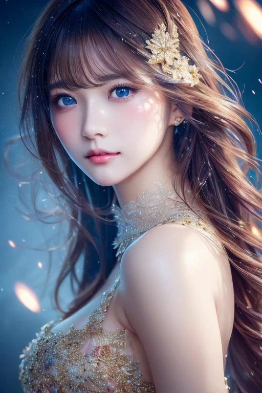 highest quality, 32k, RAW Photos, Incredibly absurd, Very detailed, Delicate texture, Bust-up of a beautiful woman looking back with a sad expression, Colorful light particles exploding in the mist, Fantastic and mysterious