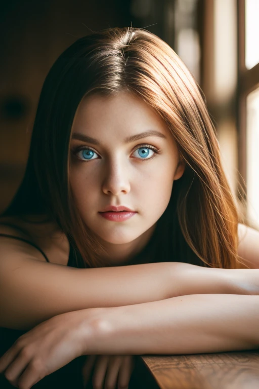 (Tabletop), sexy、Natural light, Realistic, Portraiture、Diffused glow, Written boundary depth, Professional Lighting、Big eyes、Blue eyes、blonde、Russia、