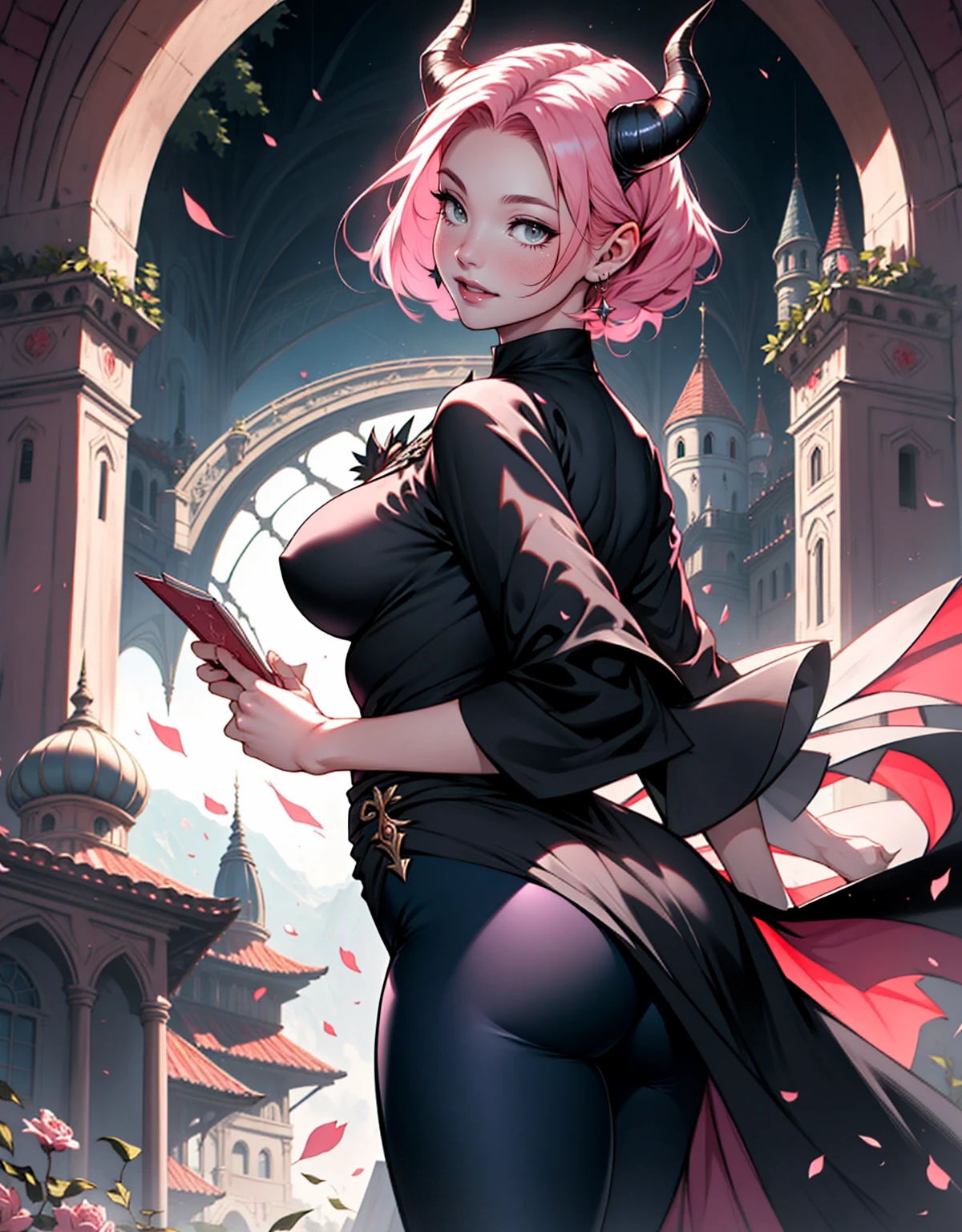 1 mulher, dressed up as maleficent, strong emotions, sakura, cabelo curto, (cabelo rosa!!) , luz, foco, como malevola, corpo inteiro, horns on head, solo, magia ao seu redor, she is in front of a castle,(leggings and black blouse),  from head to toe ((corpo inteiro!!!), maligna, rosto perverso, sorriso maligno, backwards, looking back