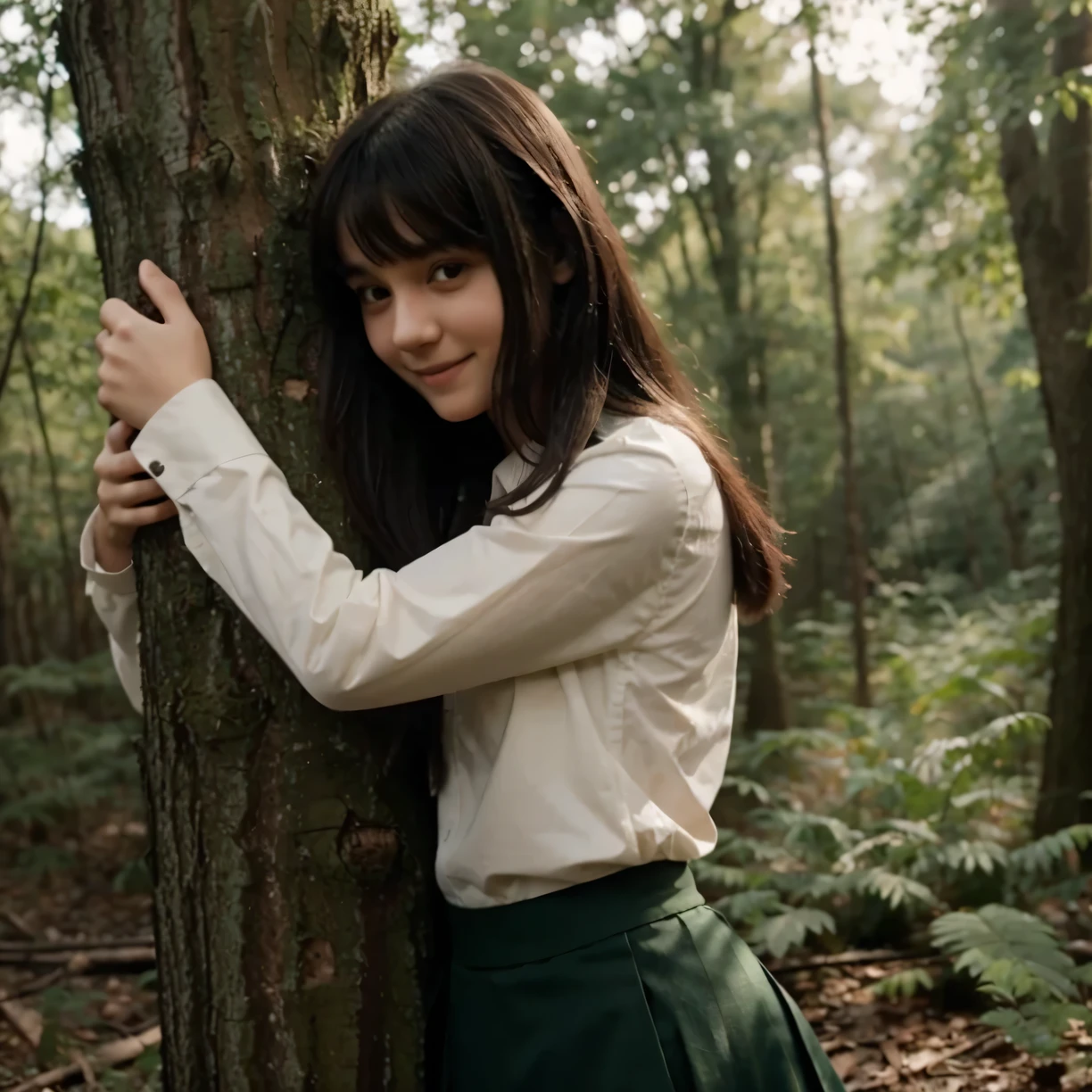  short skinny girl, tucked shirt, green long skirt, long sleeves, black bangs hair, in a forest, hugging a tree, cute little smile